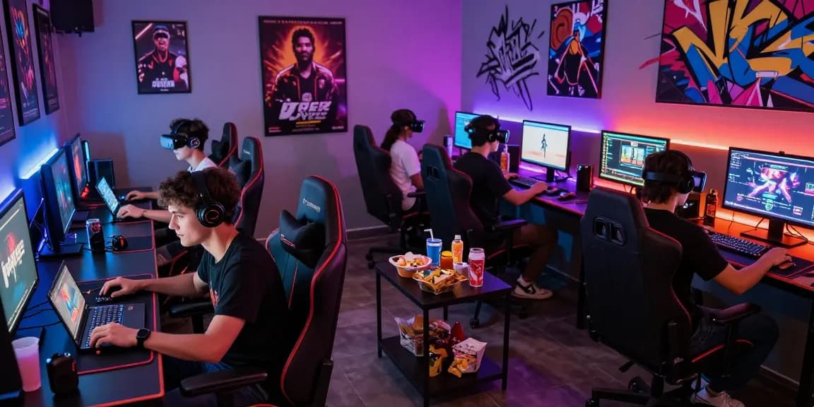 Enjoyment of free sex games in vibrant gaming lounge with diverse players on various devices.