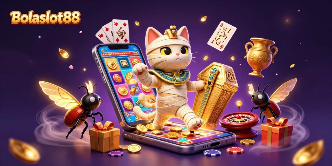 Experience thrilling gameplay at Bolaslot88 with a vibrant scene of an Egyptian mummy cat and golden casino elements