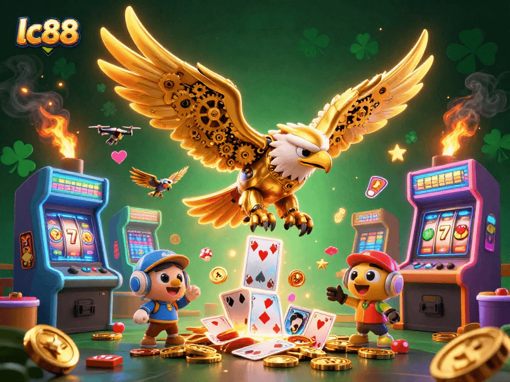 lc88 showcases immersive gaming with an eagle diving through holographic playing cards in a dynamic casino environment.