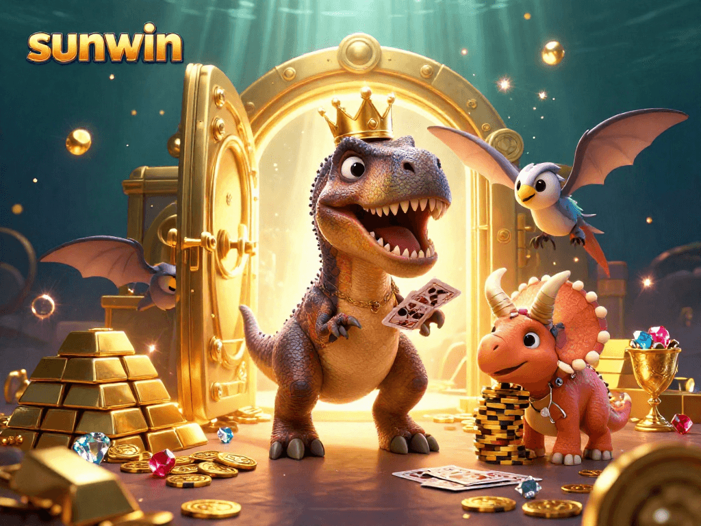 Join sunwin's playful T-Rex and friends in a vibrant casino treasure scene.