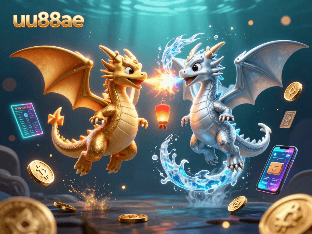 Engage with uu88ae as dynamic twin dragons battle, adorned with cryptographic elements in a rich gaming atmosphere.