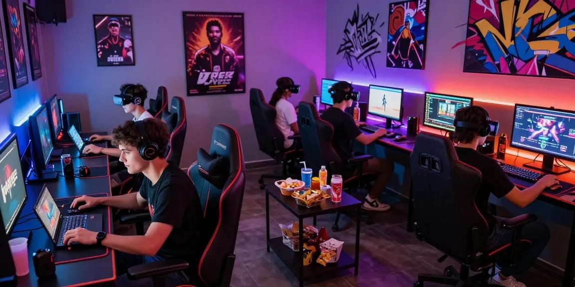 Enjoyment of free sex games in vibrant gaming lounge with diverse players on various devices.