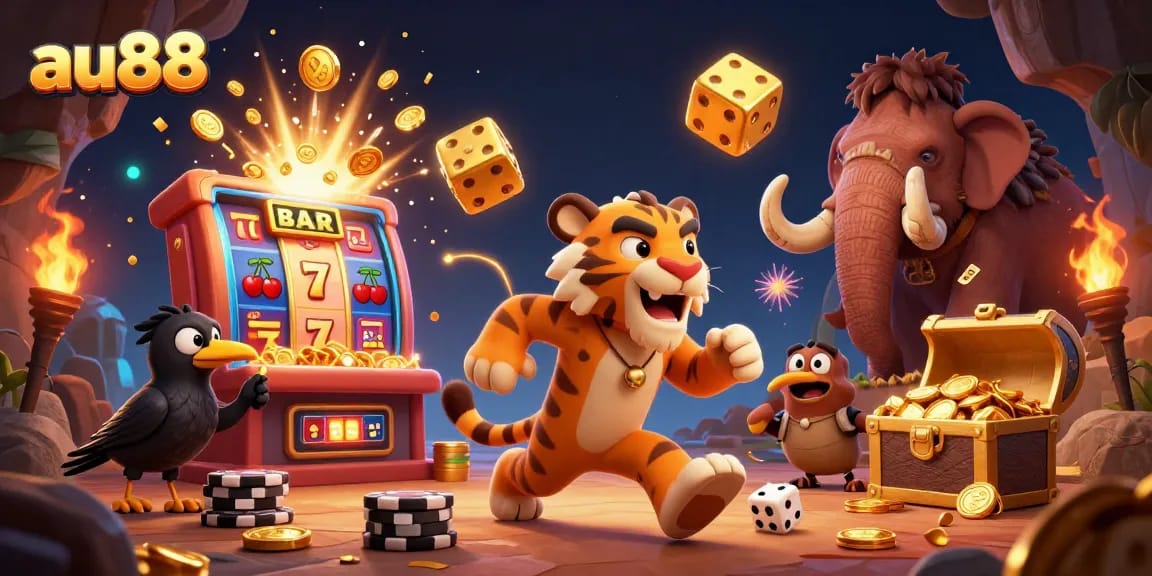 Play thrilling games with au88, featuring a dynamic casino scene bursting with action and excitement.