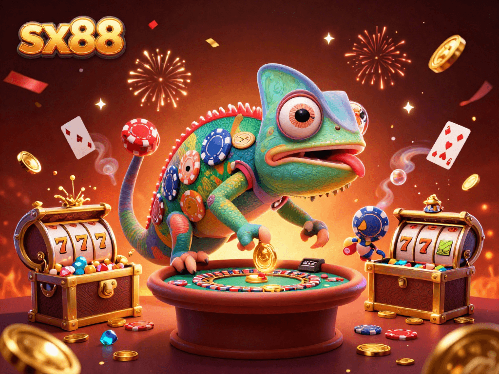 Sx88's lively casino scene featuring a colorful chameleon and dynamic game elements.