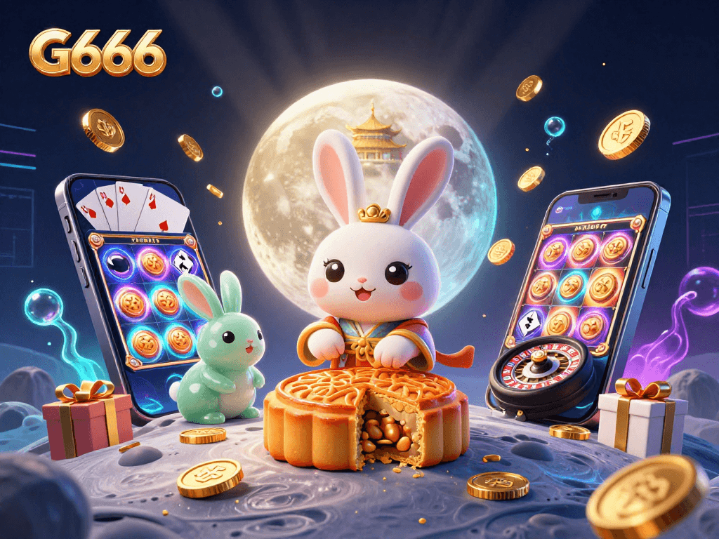 Play games and win with G666: A vibrant scene featuring a moon rabbit and casino elements.