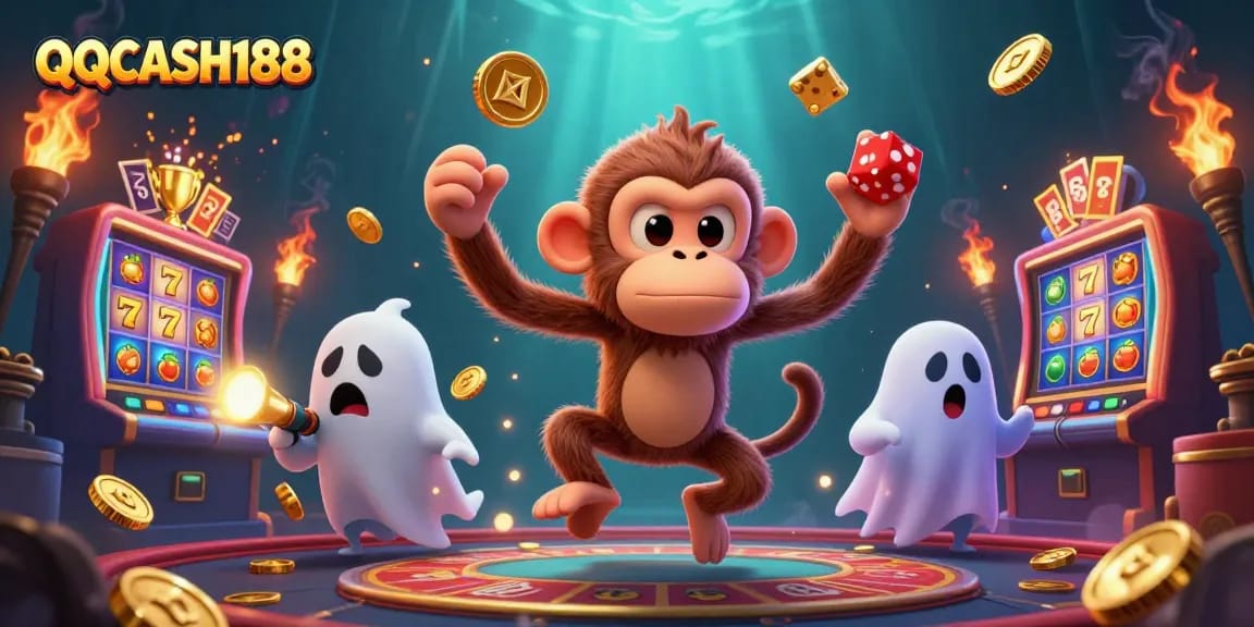 Experience thrilling gameplay with QQCASH188 in an ultra-detailed casino scene featuring vibrant slot elements and ghostly characters.