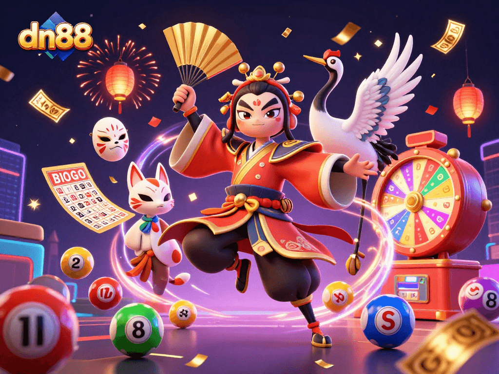 Play thrilling games on dn88 with a dynamic illustration featuring kabuki warrior and gaming elements.