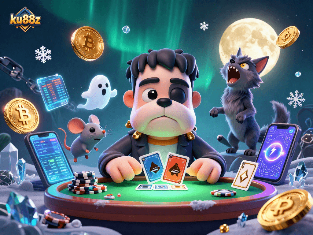 ku88z showcases a thrilling casino scene with a Frankenstein bulldog dealing cards surrounded by crypto elements.