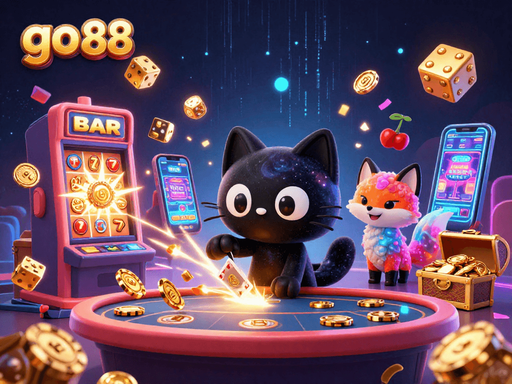 Experience the thrill of go 88 with a colorful cosmic casino scene featuring 3D characters and dynamic game elements.