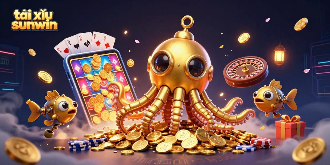 Experience the thrill of tài xỉu sunwin with a vibrant 3D casino illustration featuring a golden kraken amid golden coins and casino elements.