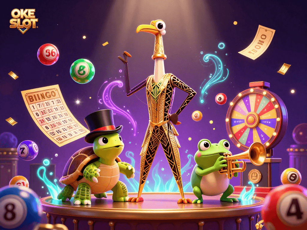 Menggali keseruan di OKESLOT dengan warna-warni bola lotere, simbol slot, dan hiburan kasino lainnya.