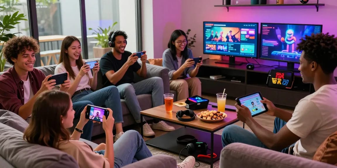 Engaging group of friends playing android porn games in a vibrant gaming lounge.