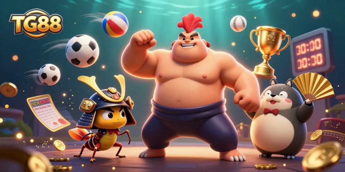 Place bets and win prizes at TG88 with an action-packed illustration showcasing vibrant casino elements.