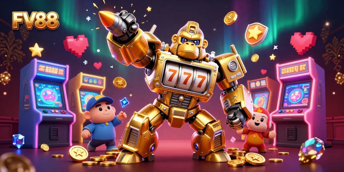 Experience thrilling casino action at FV88 with a dynamic illustration featuring a golden gorilla mech and arcade elements.