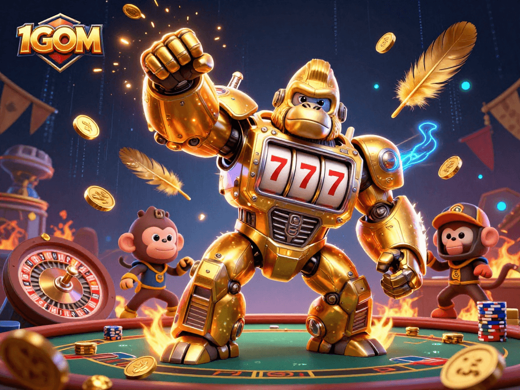 Engage with 1GOM's lively gaming world featuring a golden gorilla mech celebrating winning jackpots.