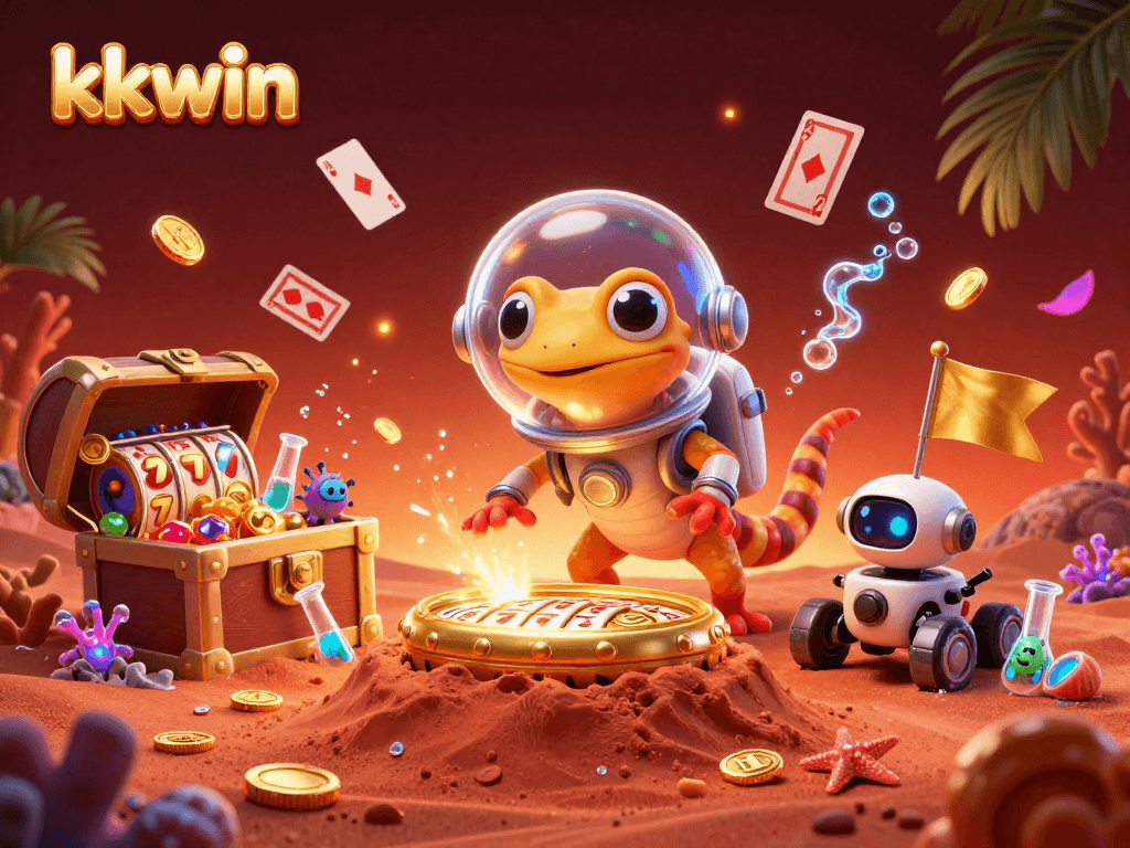 Play exciting games at kkwin with a 3D cartoon Martian gecko discovering a golden casino.