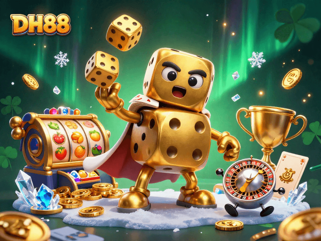 Experience thrilling jackpot wins at DH88 with an engaging golden dice golem juggling in a vibrant casino scene.