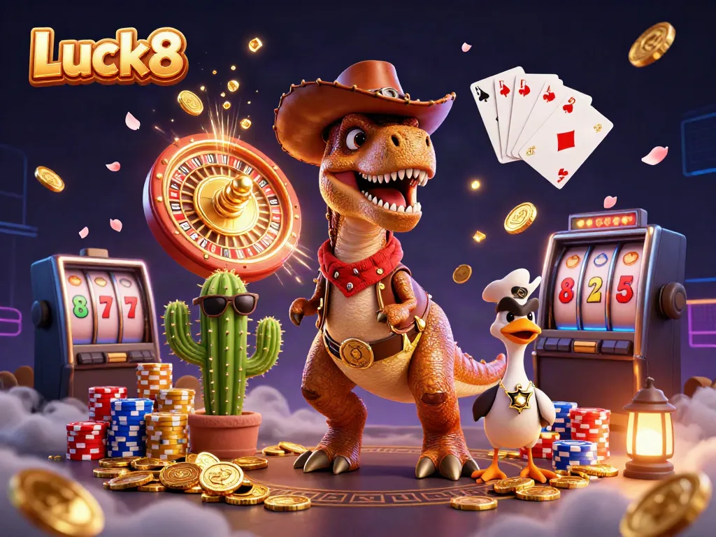 Luck8 casino adventure featuring animated cowboy dinosaur, gemstones, and game elements in a vibrant scene.