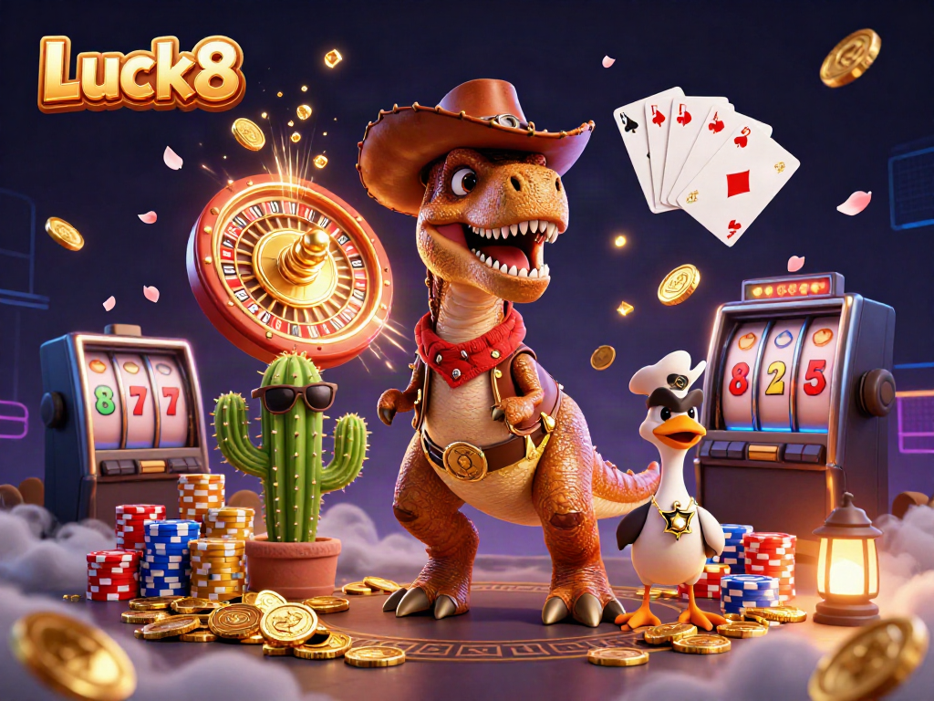 Luck8 casino adventure featuring animated cowboy dinosaur, gemstones, and game elements in a vibrant scene.