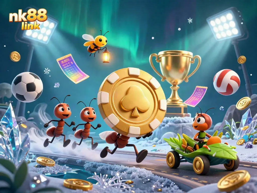 Win big with nk88 link as 3D ants carry a giant poker chip through a vibrant gaming scene.