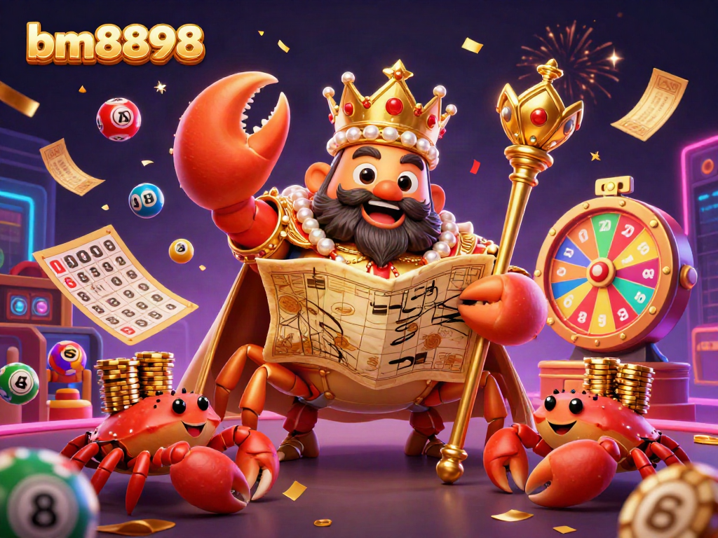 Experience the excitement of bm8898 with a vibrant casino scene featuring a crab emperor amid colorful lottery elements.