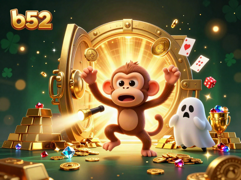 Engage in thrilling b52 gameplay with our poltergeist monkey and curious puppy in a haunted casino setting.