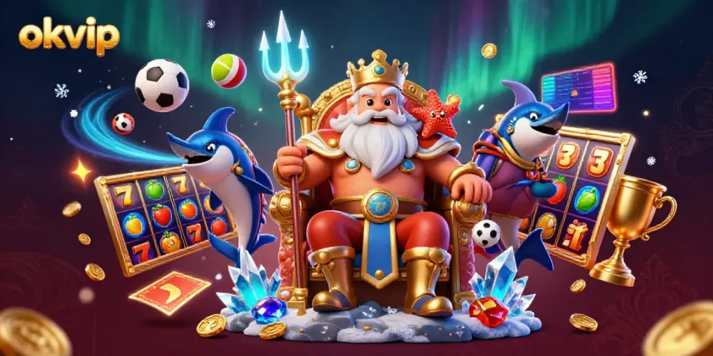Experience the thrills of okvip casino with a vibrant 3D illustration showcasing Neptune, a skilled samurai, and exciting games.