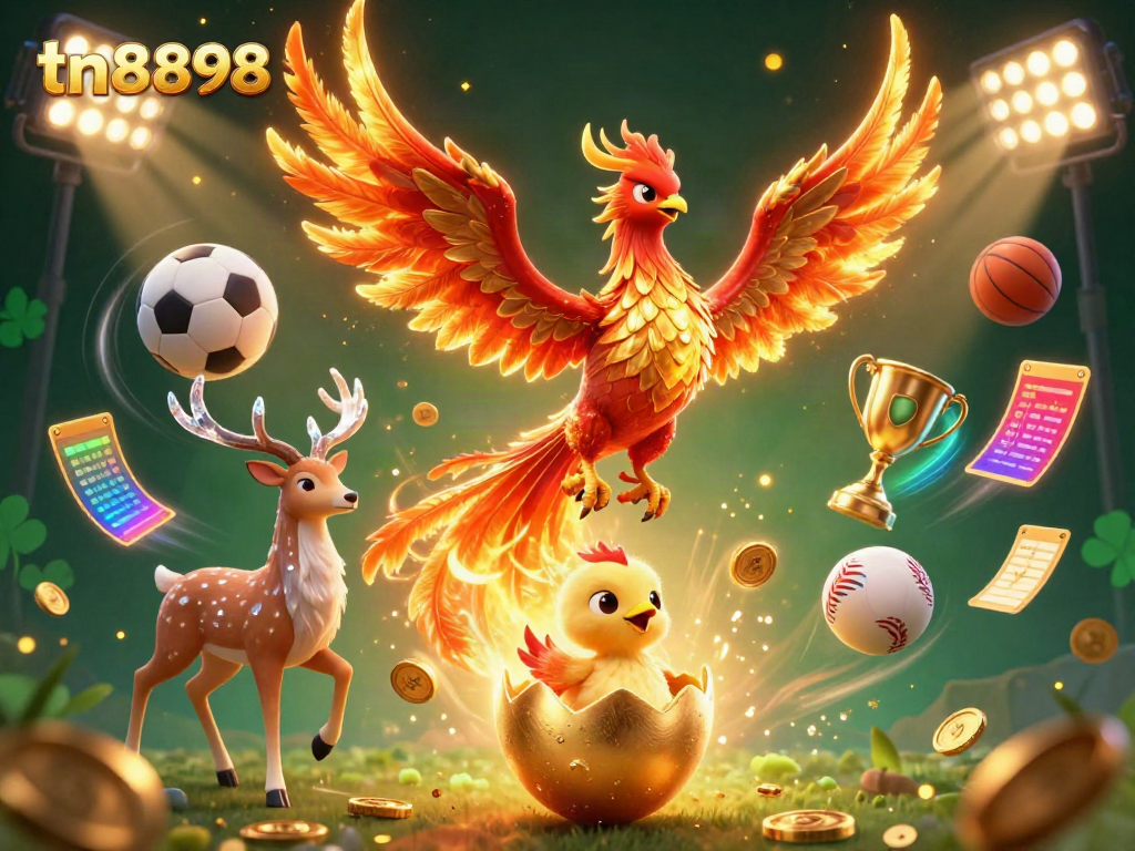 Experience the excitement of tn8898 as a phoenix soars amidst vivid casino elements.