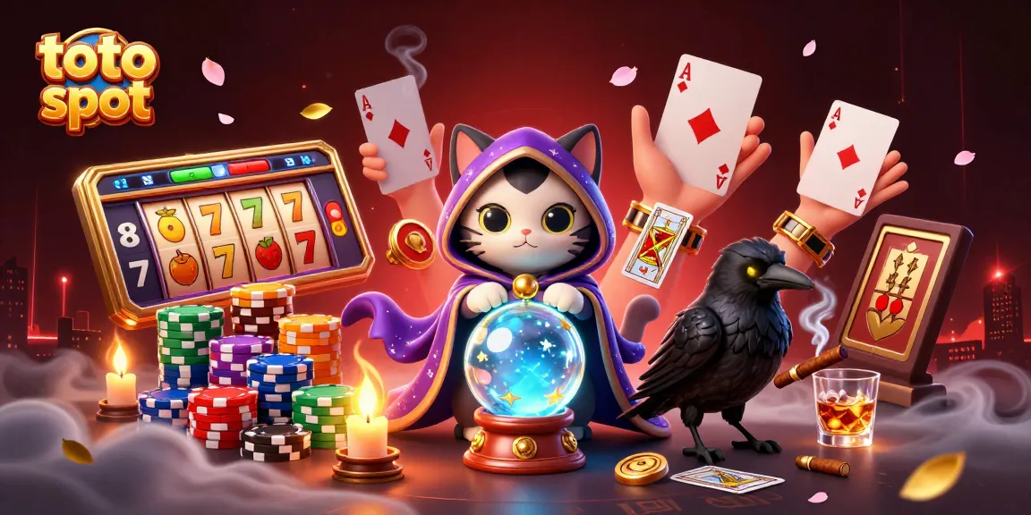 Engaging scene with a fortune teller cat and raven amidst thrilling toto slot game elements.