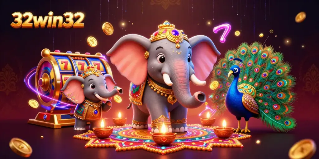 Play with 32win32's vibrant casino games featuring a colorful elephant, peacock, and slot elements.