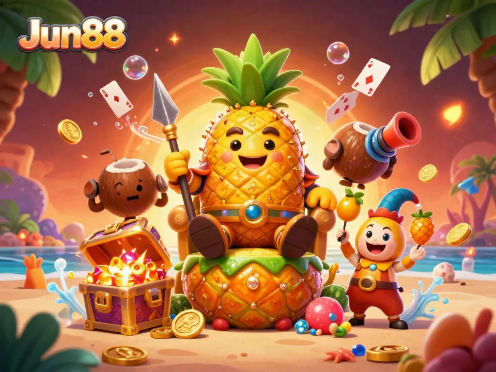 Experience thrilling gameplay at Jun88 with a vibrant illustration showcasing a golden pineapple king and tropical casino elements.