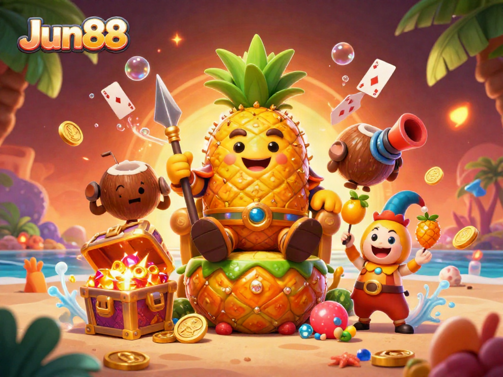 Experience thrilling gameplay at Jun88 with a vibrant illustration showcasing a golden pineapple king and tropical casino elements.