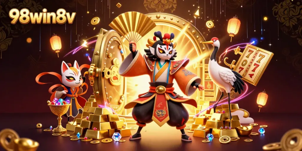 Engage with 98win8v in a vibrant casino world filled with gold, gems, and dynamic game elements.