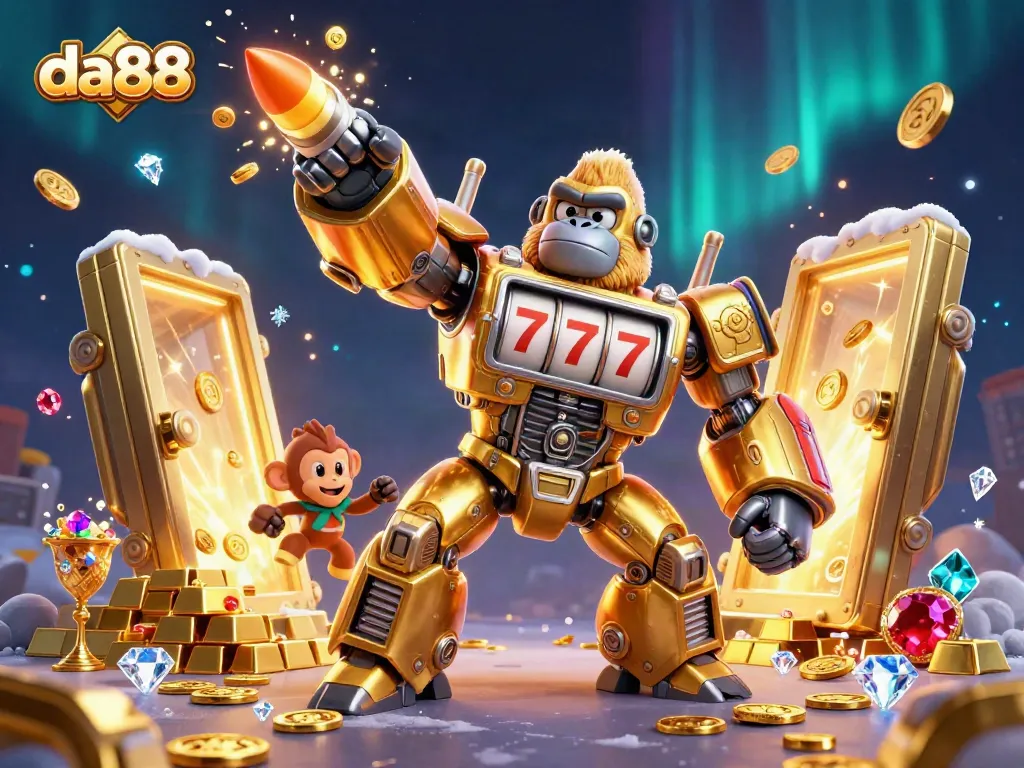 Experience the thrill of da88 with a playful 3D illustration of a gorilla mech amidst gold treasures.