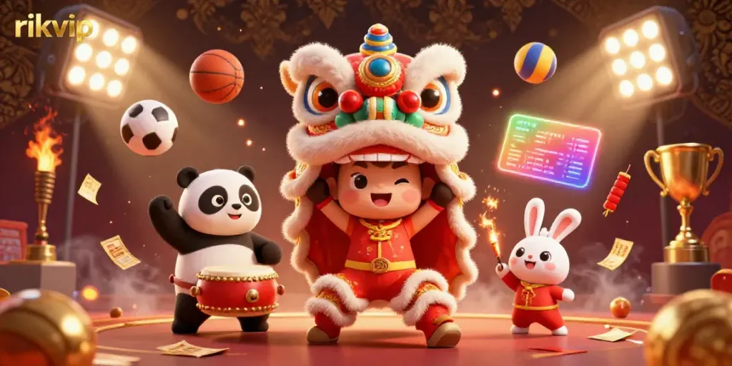 Experience rikvip's festive casino excitement, featuring a vibrant lion dance, sports elements, and dynamic energy.