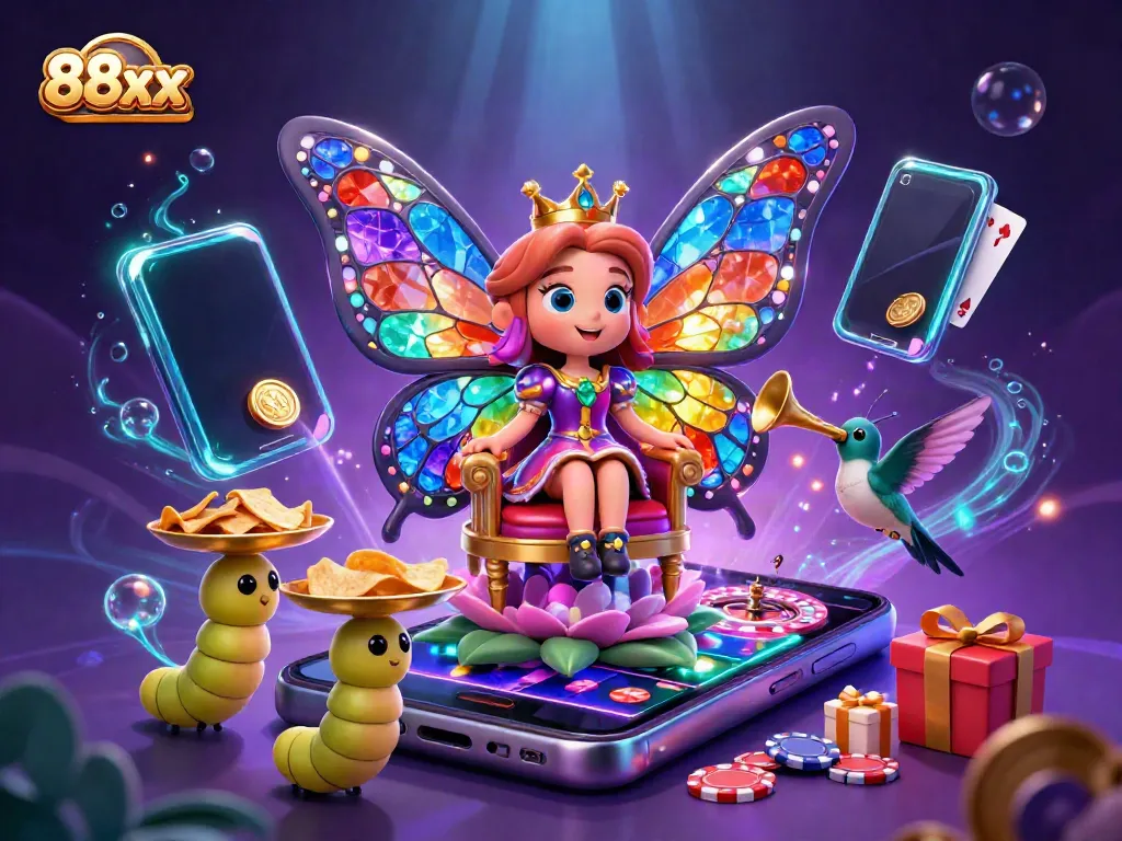 Engage in the vibrant world of 88xx, where a butterfly queen presides over games filled with golden coins and colorful slot elements.