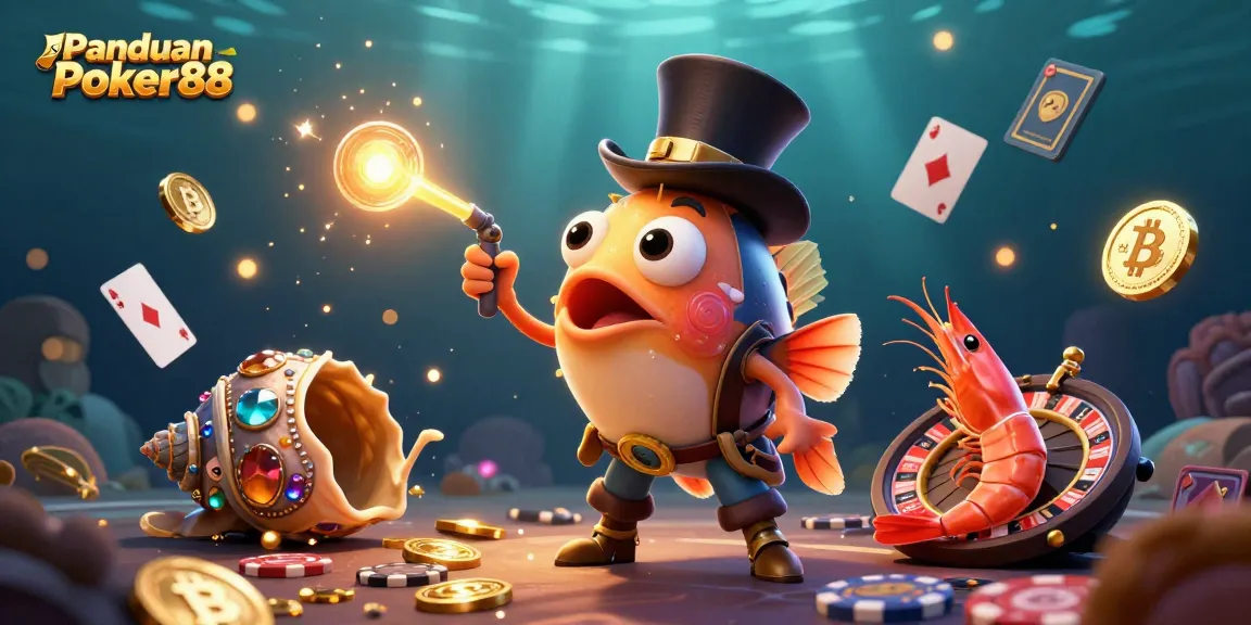 Panduan Poker88 explores dynamic poker action with a glowing anglerfish attracting golden coins in an underwater casino.