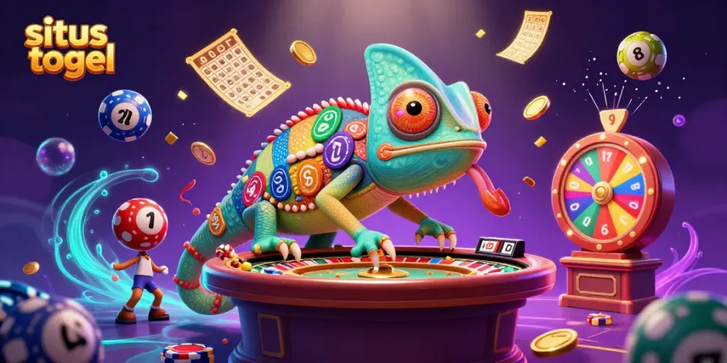 Visualisasi situs togel dengan chameleon kasino 3D dan elemen permainan yang dinamis.