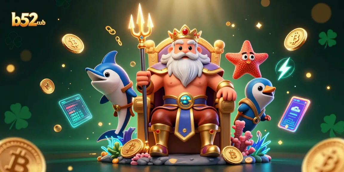 Engage with b52club as Neptune leads a vibrant casino adventure filled with crypto-themed elements.