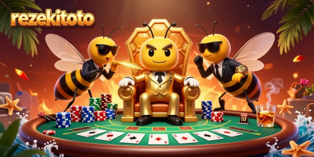 Engage in thrilling play at rezekitoto's lively poker scene with vibrant characters and excitement.