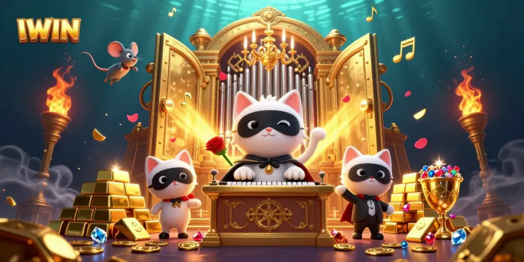 IWIN showcases a thrilling casino moment with a phantom cat and sparkling treasure elements.
