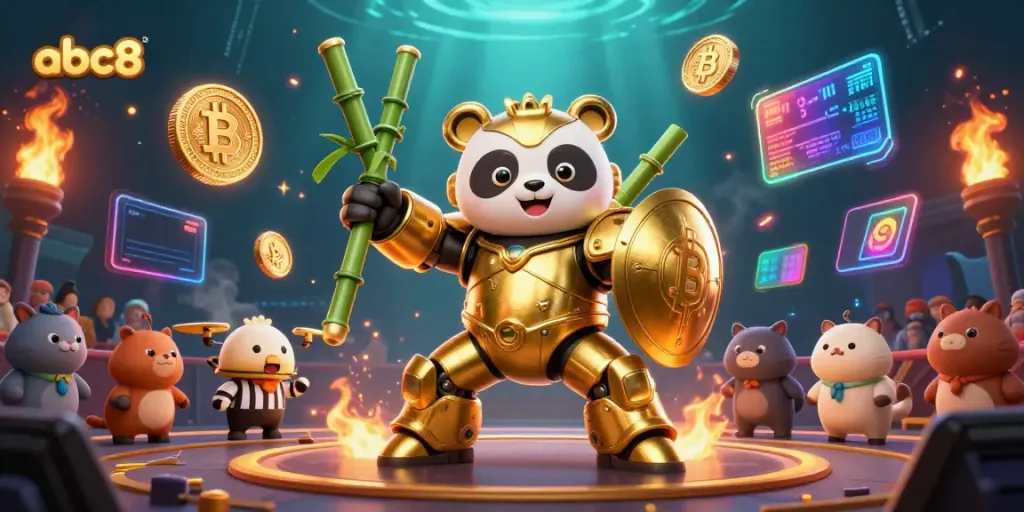 Experience the excitement at abc8 with a golden panda battling in a vibrant casino arena filled with crypto elements.