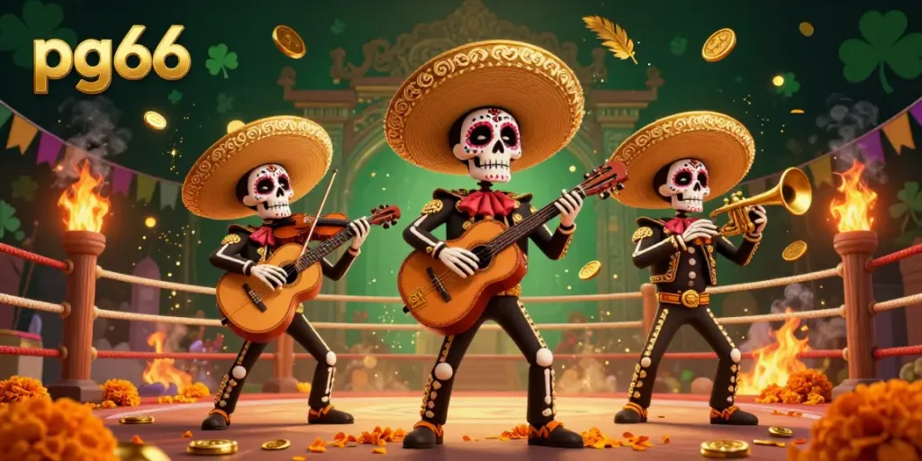 Engage with pg66: Enjoy a festive 3D mariachi scene celebrating vibrant gaming experiences and thrilling action.
