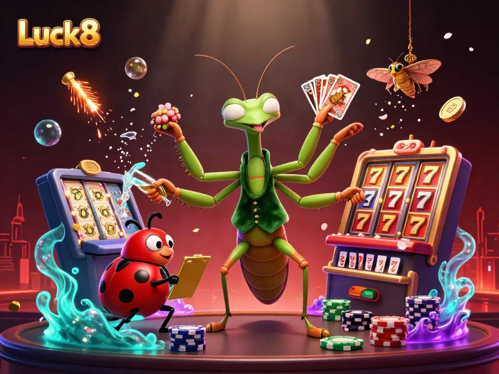 Experience Luck8's vibrant casino atmosphere with a giant mantis dealer and charming ladybug pit boss.