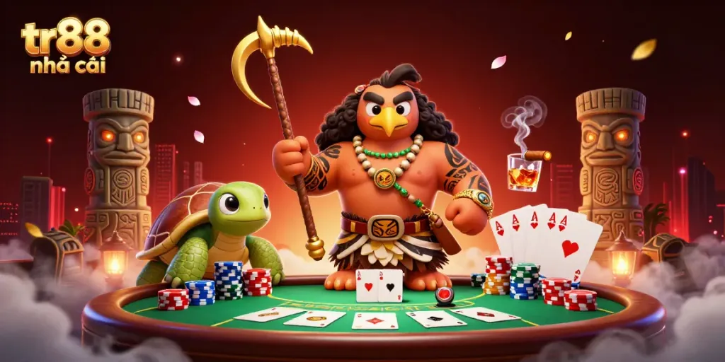 Engage with the vibrant 3D scene of tr88 nhà cái featuring a demigod and poker action, enhancing your gaming experience.