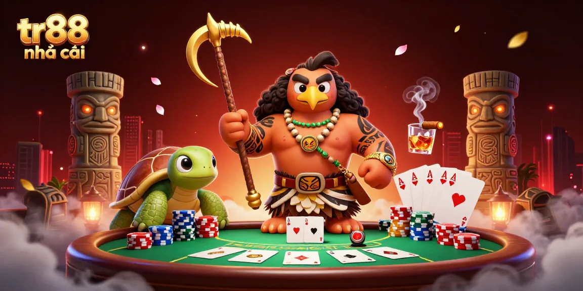 Engage with the vibrant 3D scene of tr88 nhà cái featuring a demigod and poker action, enhancing your gaming experience.