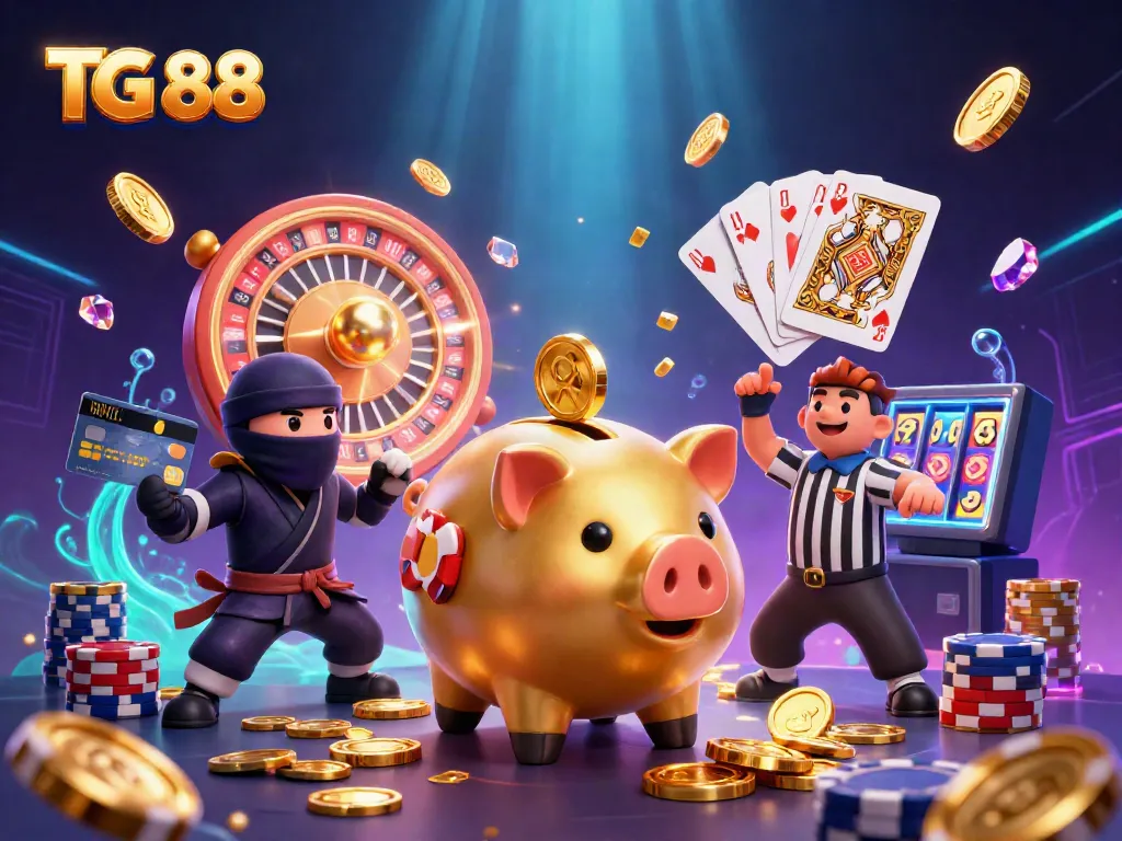 Experience the thrilling world of TG 88 with a vibrant illustration showcasing intense gaming action and dynamic casino elements.
