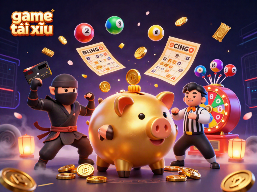 Play game tài xỉu with golden piggy bank and ninja characters in vibrant casino scene.