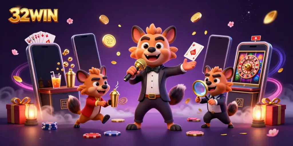 Experience the excitement of 32WIN with a lively casino scene featuring cartoon hyenas in action.