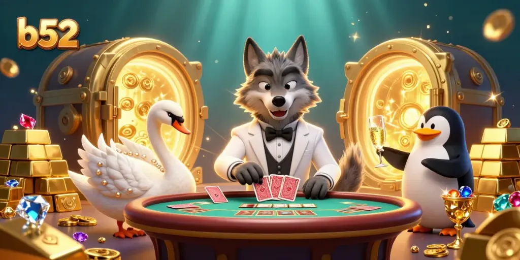 Engage in b52 baccarat with a swan dealer and a wolf in a tuxedo at a vivid casino.